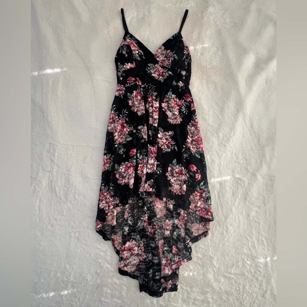 Lily Rose Black and Pink Floral Lace High-Low Dress